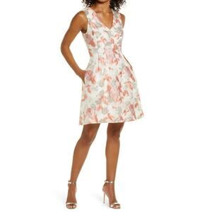 Mark + James Badgley Mischka Reo Brocade Floral V-Neck Cocktail Dress Size 12